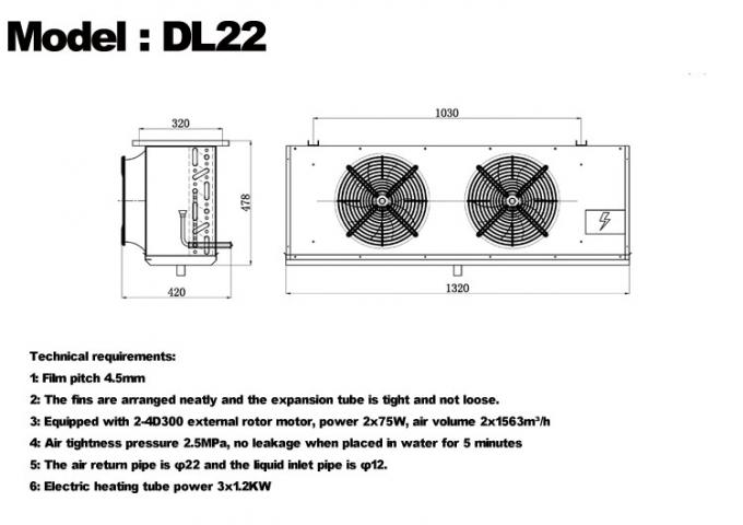 DL-Serie DL22-Kühler CE-Zertifizierung kundenspezifischer Luftkühler 3 PS Kälteanlagenverdampfer Deckenverdampfer, geeignet für Lagerkühlung, Kühlraum, Gemüsekühllager 0