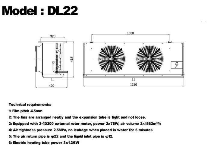 DL-Serie DL22-Kühler CE-Zertifizierung kundenspezifischer Luftkühler 3 PS Kälteanlagenverdampfer Deckenverdampfer, geeignet für Lagerkühlung, Kühlraum, Gemüsekühllager